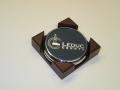 2 Round Solid Chrome Coasters w/Solid Cherry Wood Square Holder