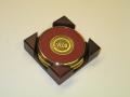 2 Round Solid Brass Coasters w/Solid Cherry Wood Square Holder