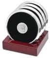 Leather and Silver Tone 4 Coaster Set w/Rosewood Finish Stand